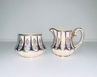 Sadler - Bell shape, cobalt blue & gold sugar bowl and creamer / milk jug