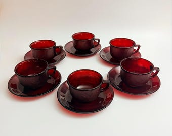 Vintage Ruby Red Textured Pressed Glass Coffee Cups & Saucers – Set of 6 – Mid Century