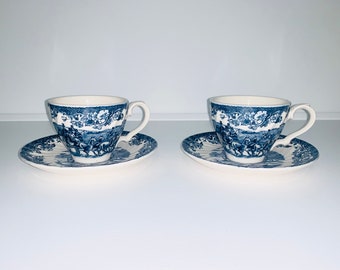 Homestead - pair blue & white handpainted horse carriage tea cup duos