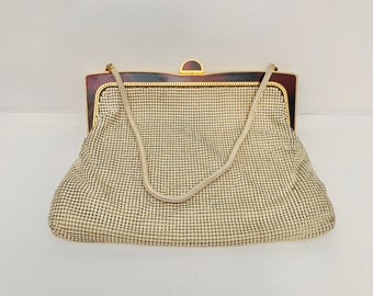 Glomesh - beige / cream / tan & gold coloured vintage evening bag, maroon clasp