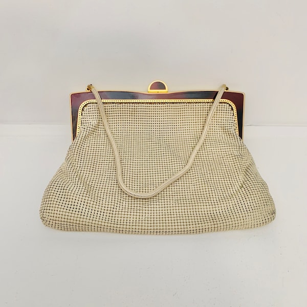 Glomesh - beige / cream / tan & gold coloured vintage evening bag, maroon clasp