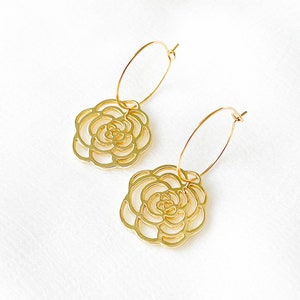 Rose Hoop Earrings, 18k Gold Plated Flower Earrings, Gold Tone Floral Jewelry, Gift for Her, Mother’s Day Gift