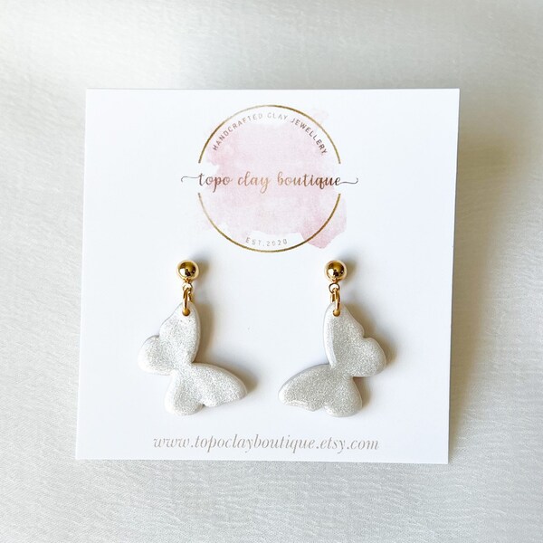 Pearl White Butterfly Earrings, Spring Clay Jewelry, Dainty Handmade Summer Earrings, Manitoba Made, Gift for Women, Minimalist Earrings