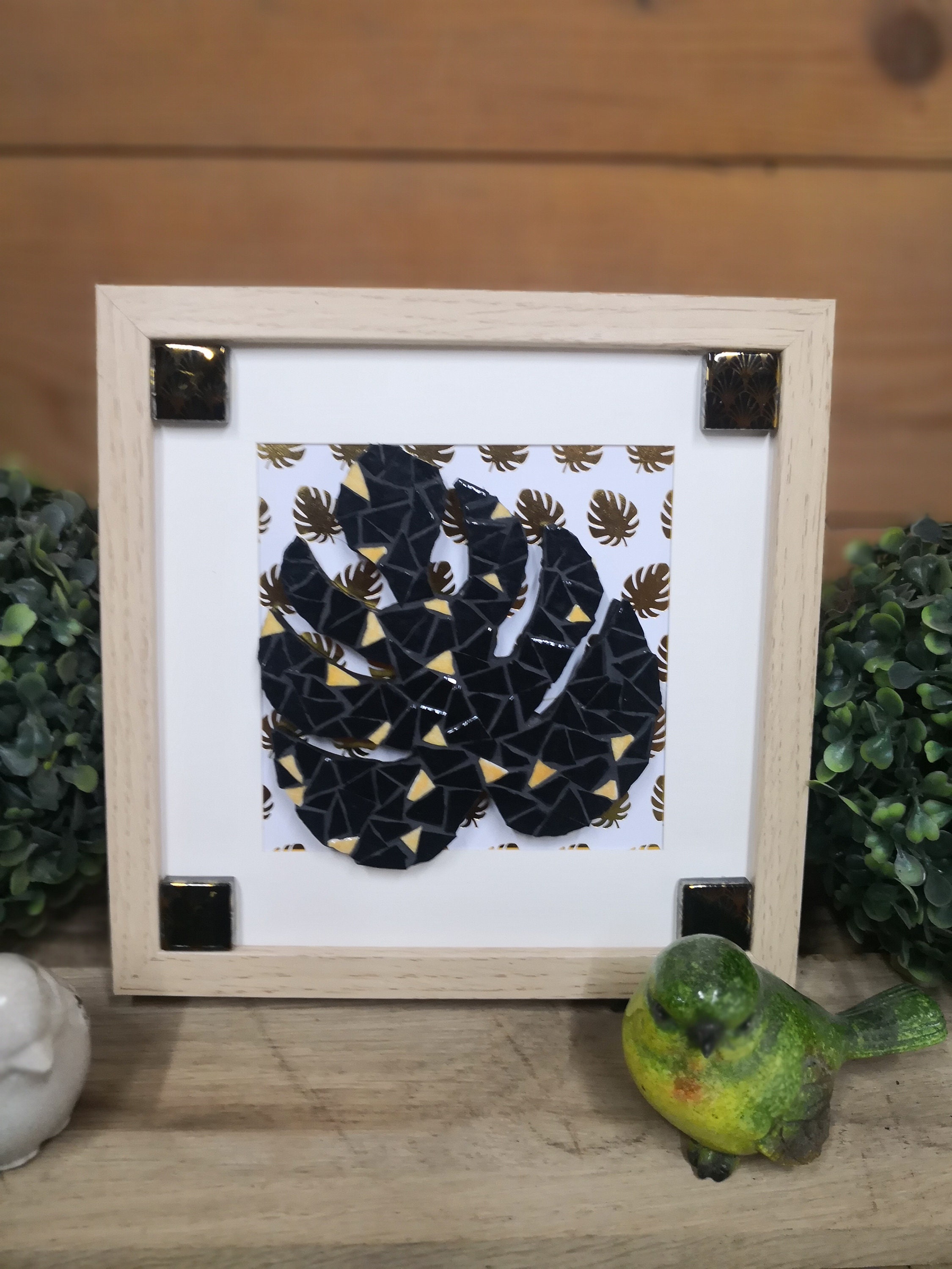 Tableau Cadre Déco Murale Mosaïque Feuille Philodendron Noir et Jaune