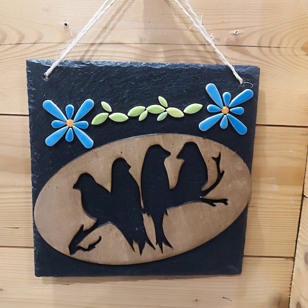 Les oiseaux Ardoise décorative mosaïque et bois