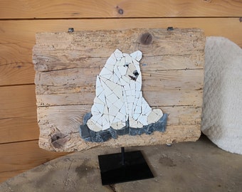 Mosaïque sur vieux bois l'ours polaire