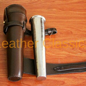Saddle Hip Flask Leather Cased stainless steel botle baton brass Fox Hunting 