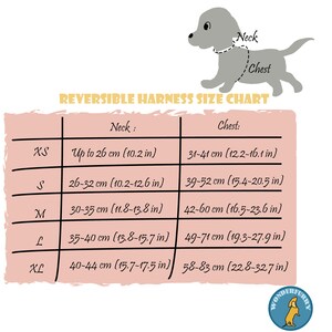 May include: A size chart for reversible dog harnesses. The chart includes measurements for neck and chest sizes in both centimeters and inches. Sizes range from XS to XL. A cartoon dog illustration is at the top.