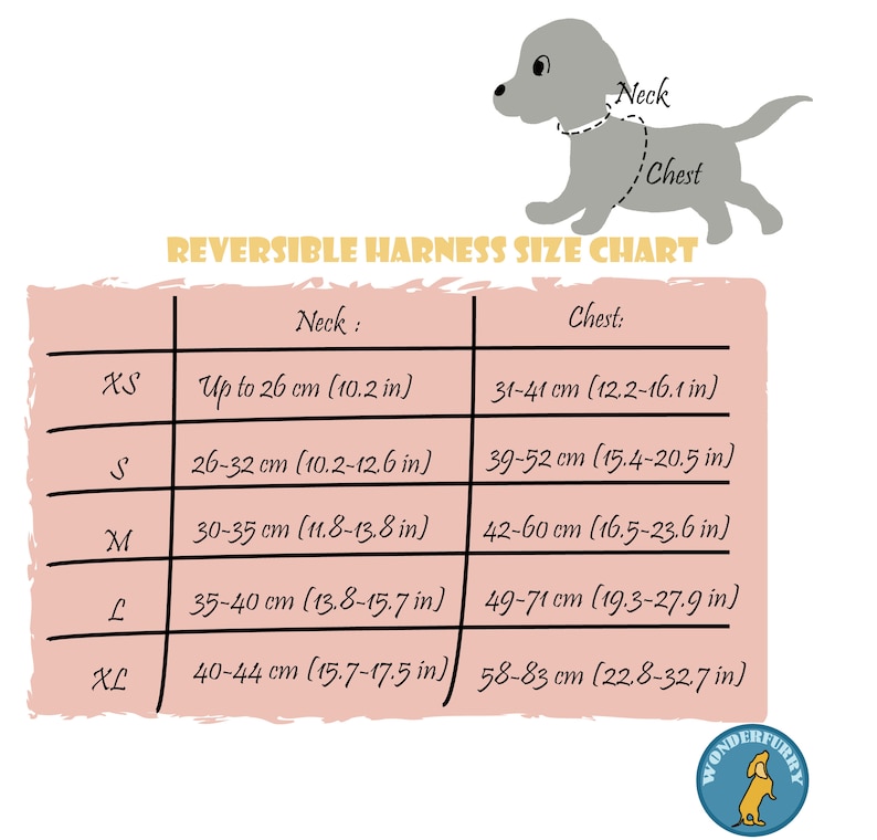 May include: A size chart for reversible dog harnesses. The chart includes measurements for neck and chest sizes in both centimeters and inches. Sizes range from XS to XL. A cartoon dog illustration is at the top.