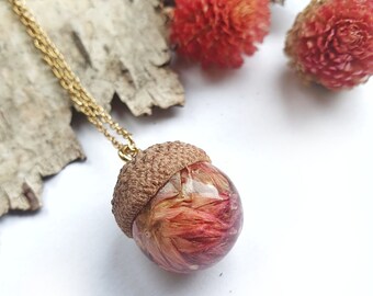 Necklace with ball pendant, acorn cap and red clover, natural jewelry, gift for women