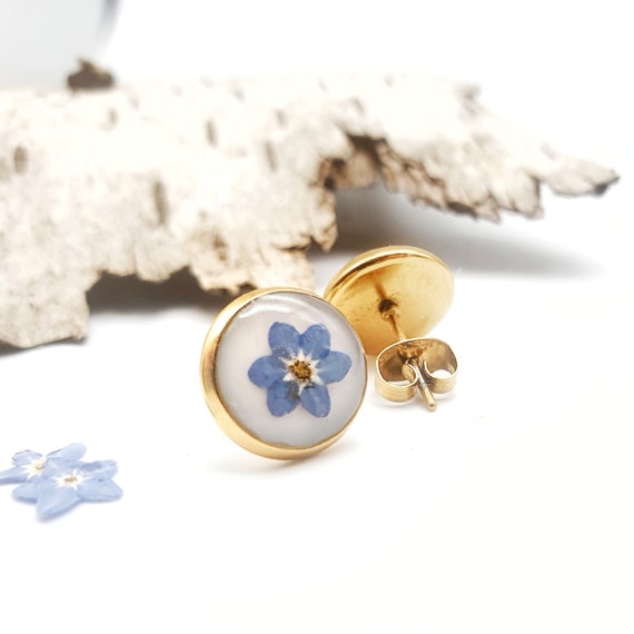 忘れな草のスタッドピアス、丸型、本物の忘れな草の花、金または銀製 