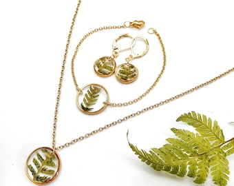 Pressed fern l gold jewelry set with necklace, earrings and bracelet l epoxy resin