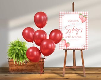 Aardbeienbabyshower-welkomstbord: rode gingang, bewerkbare canvassjabloon (digitale download)