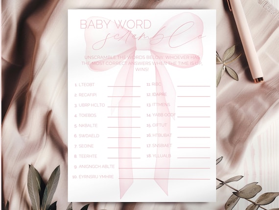Pink Bow Baby Shower Word Scramble Game (Instant Download)