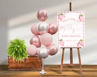 Aardbei babyshower welkomstbord: roze gingang, bewerkbare canvassjabloon (digitale download)