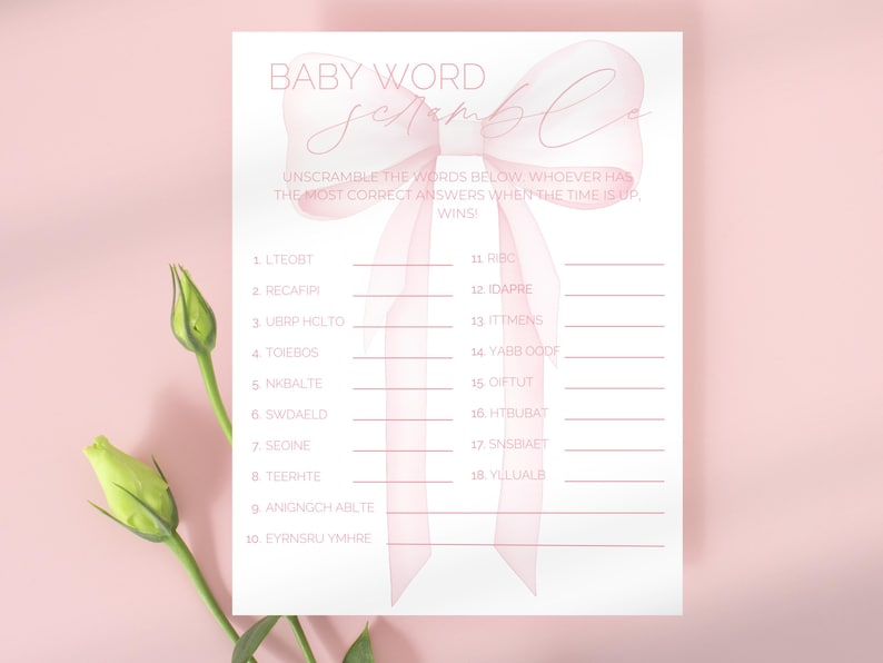 May include: A pink and white baby shower game with a pink bow and the words "Baby Word Scramble" at the top. The game asks players to unscramble the words below and whoever has the most correct answers when the time is up wins.