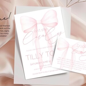 May include: Pink baby shower invitation with a watercolor bow and the text "Isn't she lovely?" and "Tilly to" with a date and RSVP information. A separate card says "Books for Baby" with a pink bow.