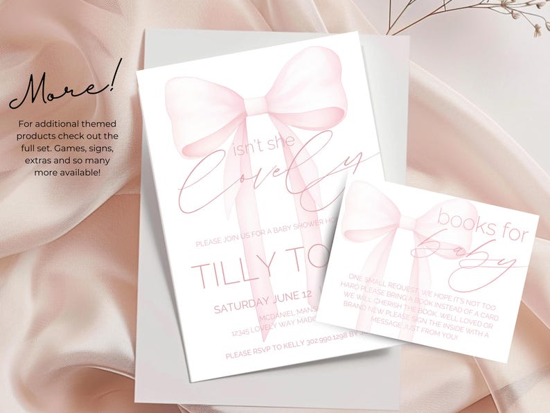 May include: Pink baby shower invitation with a watercolor bow and the text "Isn't she lovely?" and "Tilly to" with a date and RSVP information. A separate card says "Books for Baby" with a pink bow.