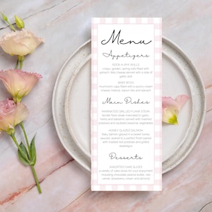 Baby Shower Menü | Baby Mädchen Thema | Rosa Vichy-Karo-Motiv | Druckbares bearbeitbares Menü, bearbeitbare Canva Digital | Sofort Download