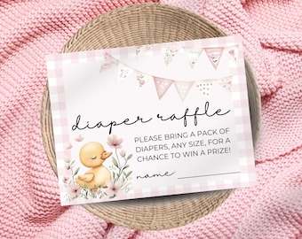 Diaper Raffle | Adorable Baby Girl Duckling Theme | Printable Diaper Raffle Notecard, Editable Canva Digital | Instant Download