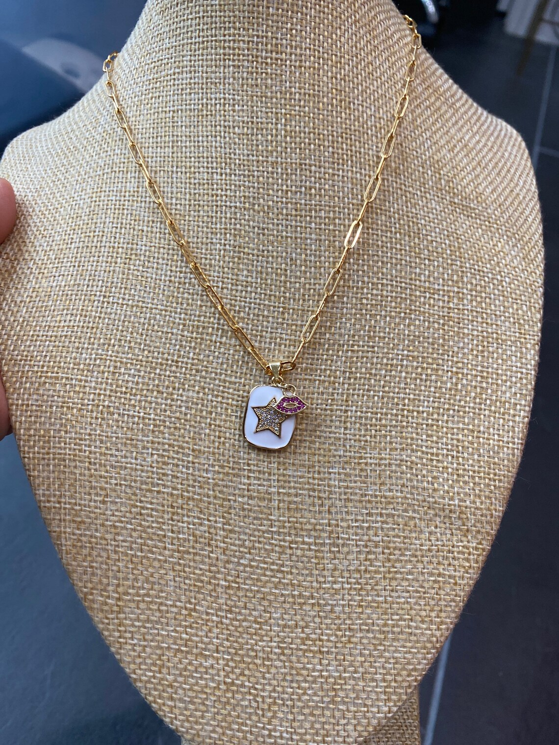 Gold Paper clip necklace with white enamel charm with Diamond Etsy