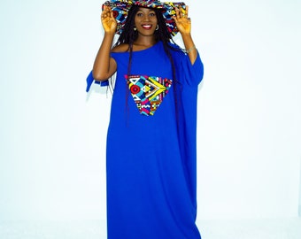 Robe Kimono africaine, Dashiki, kimono de plage avec chapeau de soleil assorti, Kaftan pour femme, robe à épaule unique, robe Kimono bleu royal