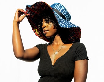 Women's African, Ankara, Atoghu Fabric Sun hat 100% Cotton, Reversible, Wide Brim, Fabric Beach Cap 