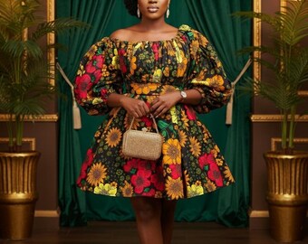 Floral African Print Maxi Dress: Puffy Sleeve Ankara Cotton Dress