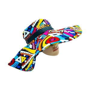 Women&#39;s African, Ankara, Geometric fabric, Kente, Samakaka, Colorful Sun hat, 100% Cotton, Reversible, foldable, Wide Brim, Beach/Summer hat