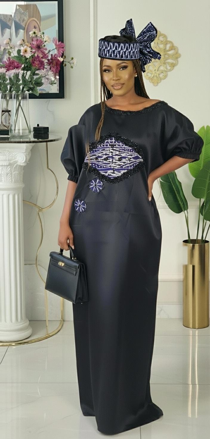 Beaded Mikado Satin Bubu Gown: Cameroon Ndop/toghu Kimono With