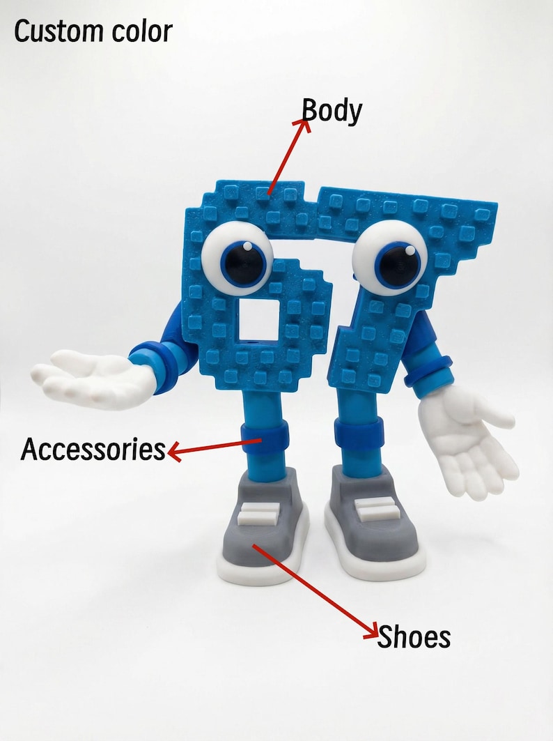 May include: A blue number 67 figure with large googly eyes, white hands, and gray shoes. The figure is made of square blocks and has the words "Custom color" above it.