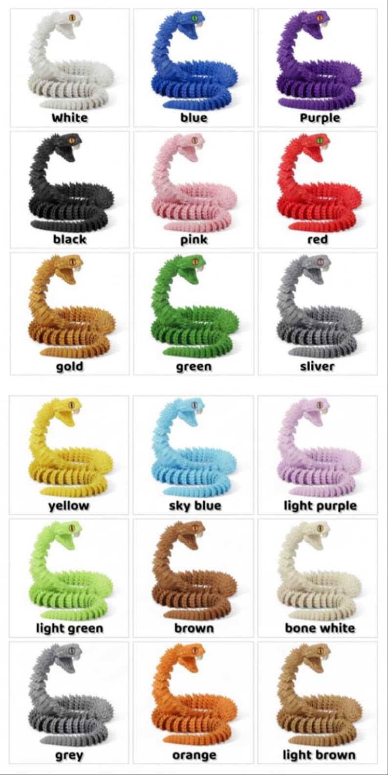 May include: A collection of colorful, articulated snake toys in various colors, including white, blue, purple, black, pink, red, gold, green, silver, yellow, sky blue, light purple, light green, brown, bone white, grey, orange, and light brown. Each snake has a detailed design.