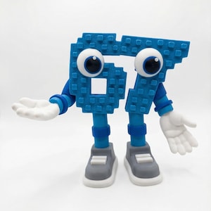 May include: A whimsical blue number 67 figure with large googly eyes, arms, and legs. The figure has white hands and gray shoes. The number is constructed from small square blocks, giving it a pixelated appearance.