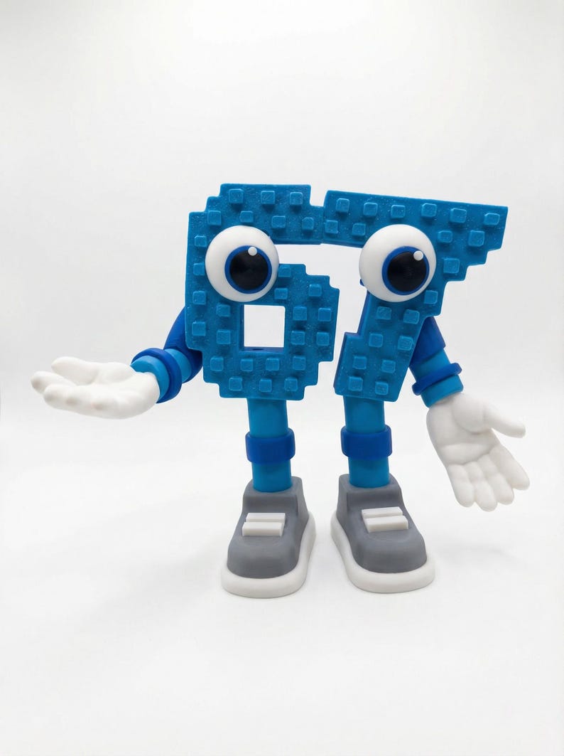 May include: A whimsical blue number 67 figure with large googly eyes, arms, and legs. The figure has white hands and gray shoes. The number is constructed from small square blocks, giving it a pixelated appearance.
