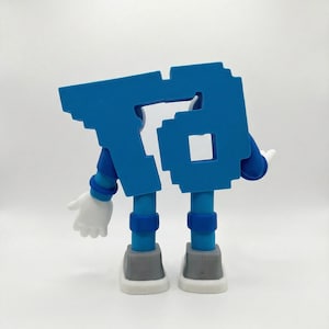 May include: A blue, pixelated number 76 figure with arms and legs. The figure has blue arms with white hands, blue legs with gray and white shoes. The number has a square cut-out.