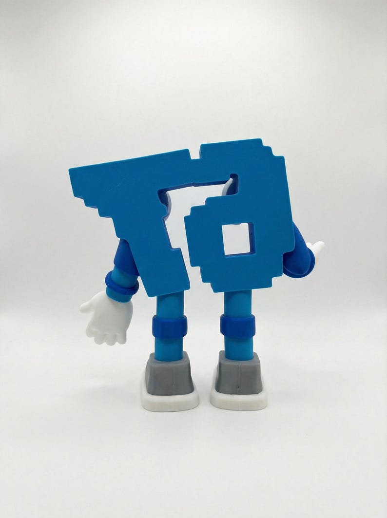 May include: A blue, pixelated number 76 figure with arms and legs. The figure has blue arms with white hands, blue legs with gray and white shoes. The number has a square cut-out.