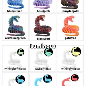 May include: A variety of colorful, articulated snake toys in various colors, including black/green, blue/green, and blue/purple. Some snakes are luminous. The word "Luminous" is written in the center of the image.