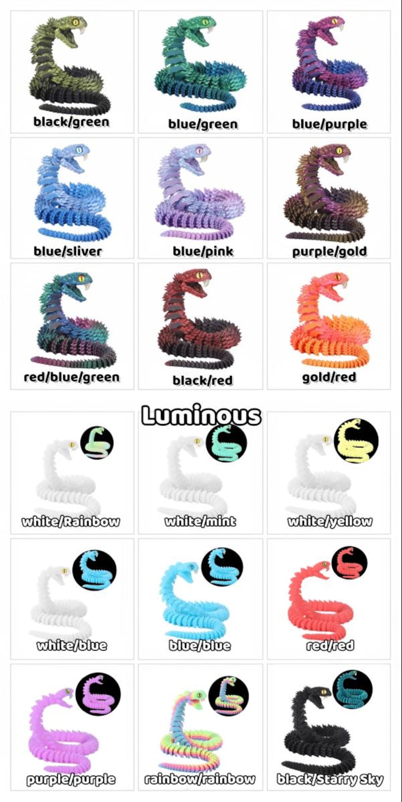 May include: A variety of colorful, articulated snake toys in various colors, including black/green, blue/green, and blue/purple. Some snakes are luminous. The word "Luminous" is written in the center of the image.