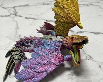 Microraptor articolato stampato in 3D: statuetta di rapace alato snodabile, mascella mobile, colori personalizzati