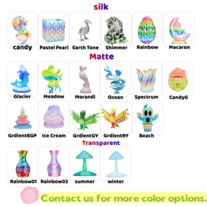 May include: A collection of decorative figurines in various colors and styles, including a mermaid, a seahorse, and a cactus. The image also features vases and mushroom-shaped objects. The word "silk", "matte", and "transparent" are written above the objects.