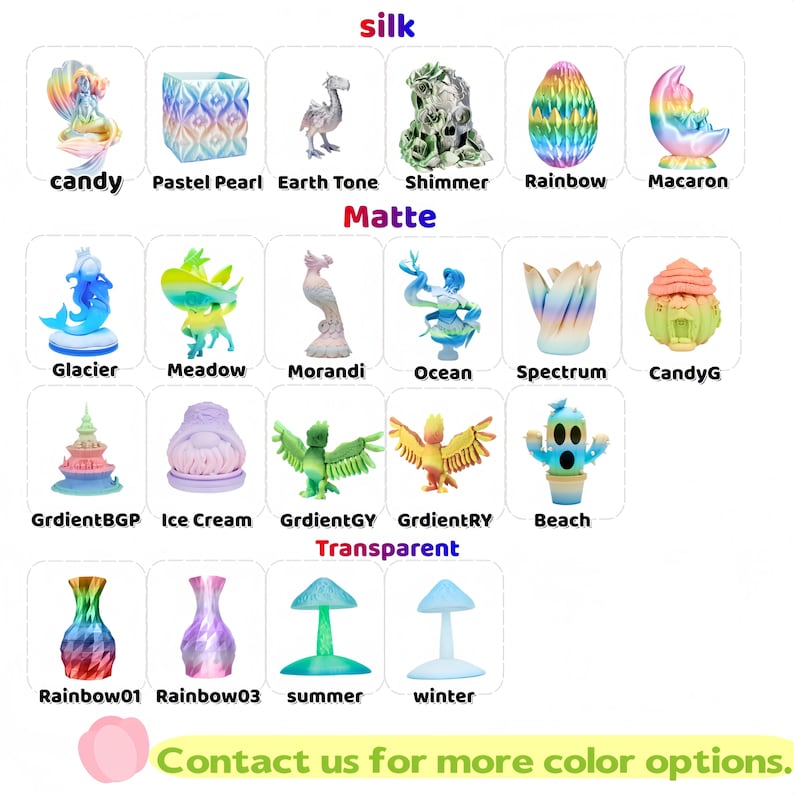 May include: A collection of decorative figurines in various colors and styles, including a mermaid, a seahorse, and a cactus. The image also features vases and mushroom-shaped objects. The word "silk", "matte", and "transparent" are written above the objects.