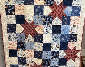 Roosters and Stars quilted throw