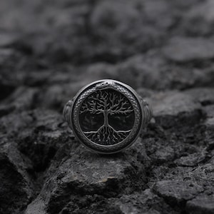 Yggdrasil Ouroboros Ring – Norse Tree of Life Sterling Silver Signet Ring – Viking Mythology Jewelry for Men – Nordic Pagan Ring