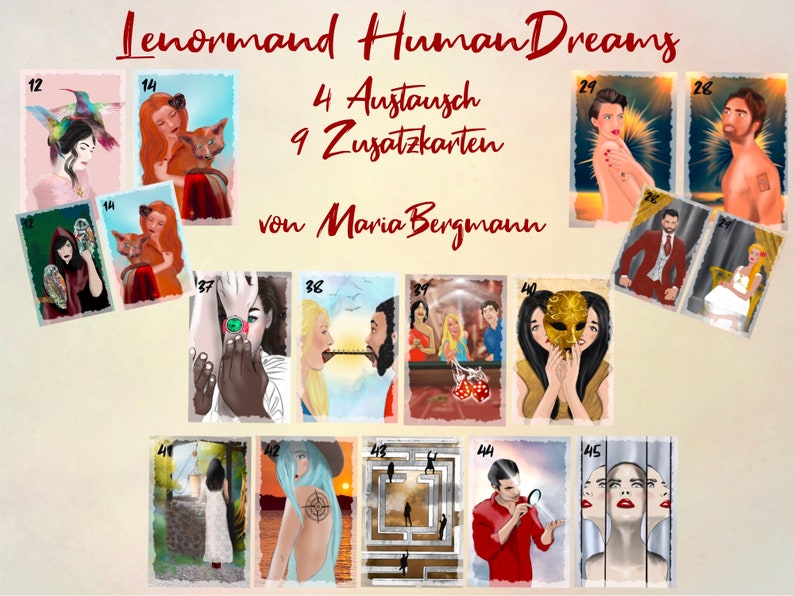 Lenormand Cards HUMAN DREAMS New edition 9 additional cards Maria Bergmann by mb-artgalerie Oracle cards 49 cards PDF booklet Usage approval image 3