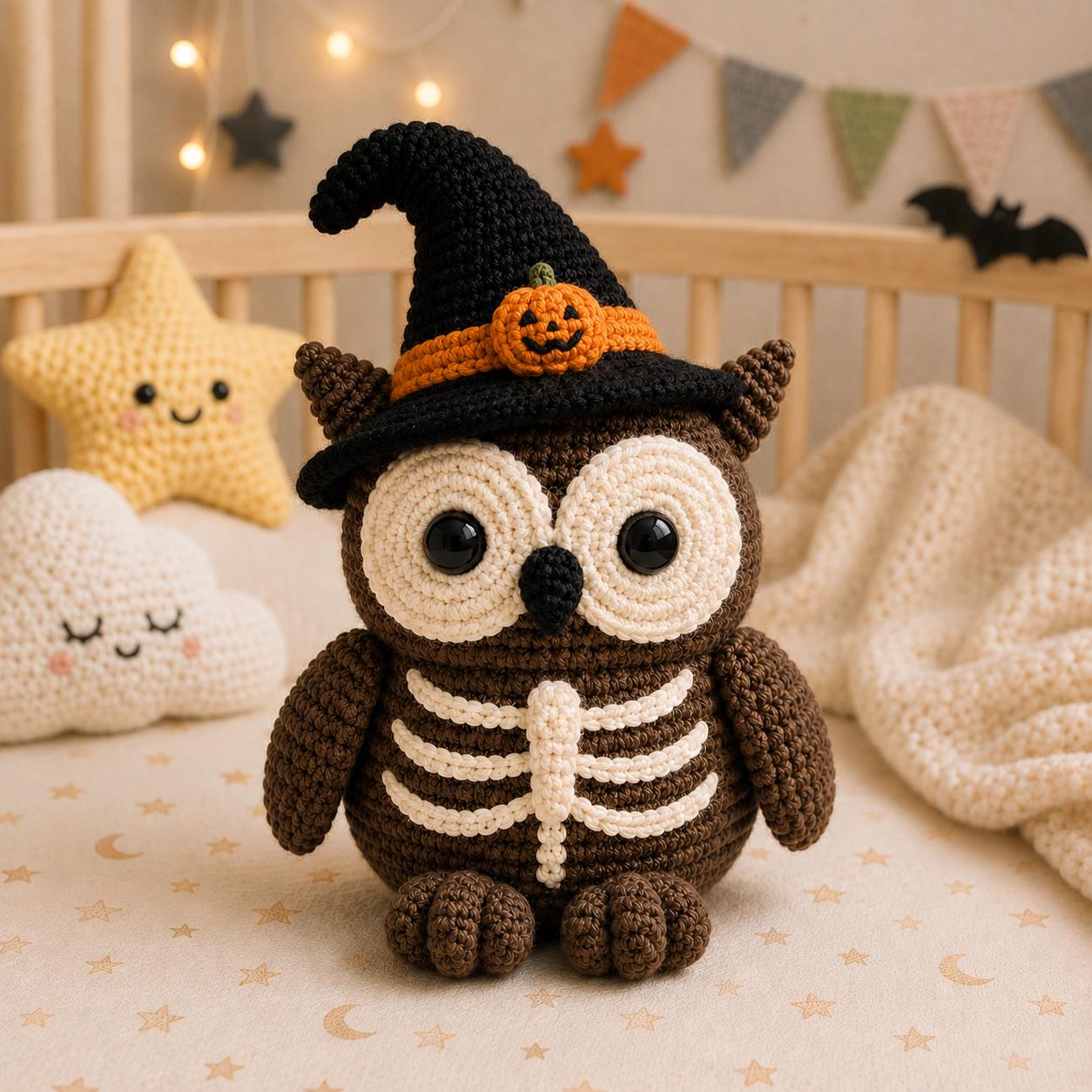 Crochet Skeleton Owl with Witch Hat, Handmade Amigurumi Halloween Plush, Spooky Nursery Decor, Fall 