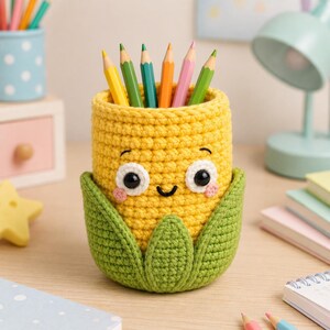 Portapenne a forma di pannocchia all'uncinetto, organizer da scrivania fatto a mano, grazioso contenitore per articoli di cancelleria, decorazione per la scrivania dei bambini, regalo per insegnanti, regalo per il ritorno a scuola