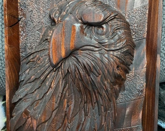 3D Patriot eagle with American flag background in frame 9x12x1.3