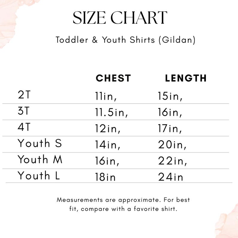 Op de afbeelding: Maattabel voor peuter- en jeugdshirts, met borst- en lengtematen in inches. Maten vari&euml;ren van 2T tot Youth Large. De tabel bevat maten zoals 28 cm borst en 38 cm lengte voor maat 2T.