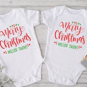 Merry Christmas Twins Baby Personalized Bodysuit| My First Christmas Newborn Twins Gift Baby Gift | Set of Two Bodysuits