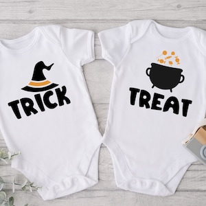 Trick or Treat Set of Two Halloween Twins Bodysuit | Twins First Halloween Shirt | Halloween Newborns Twin Gift